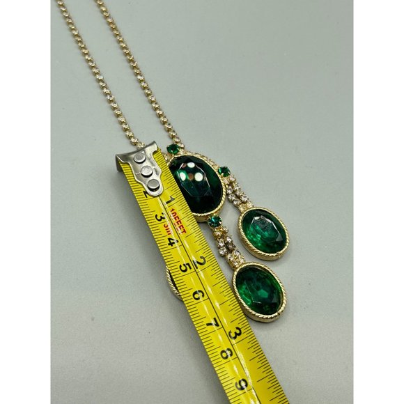 Rhinestones & Green Emerald Glass Stones Necklace Clear & Green Prong Set Stones - Picture 8 of 9